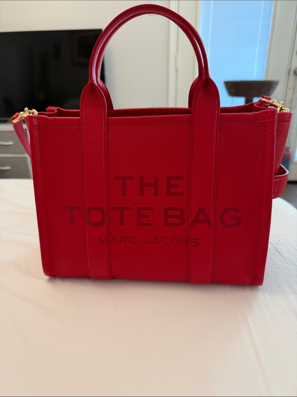 Marc Jacobs Red Pebbled Leather The Tote Bag with Logo